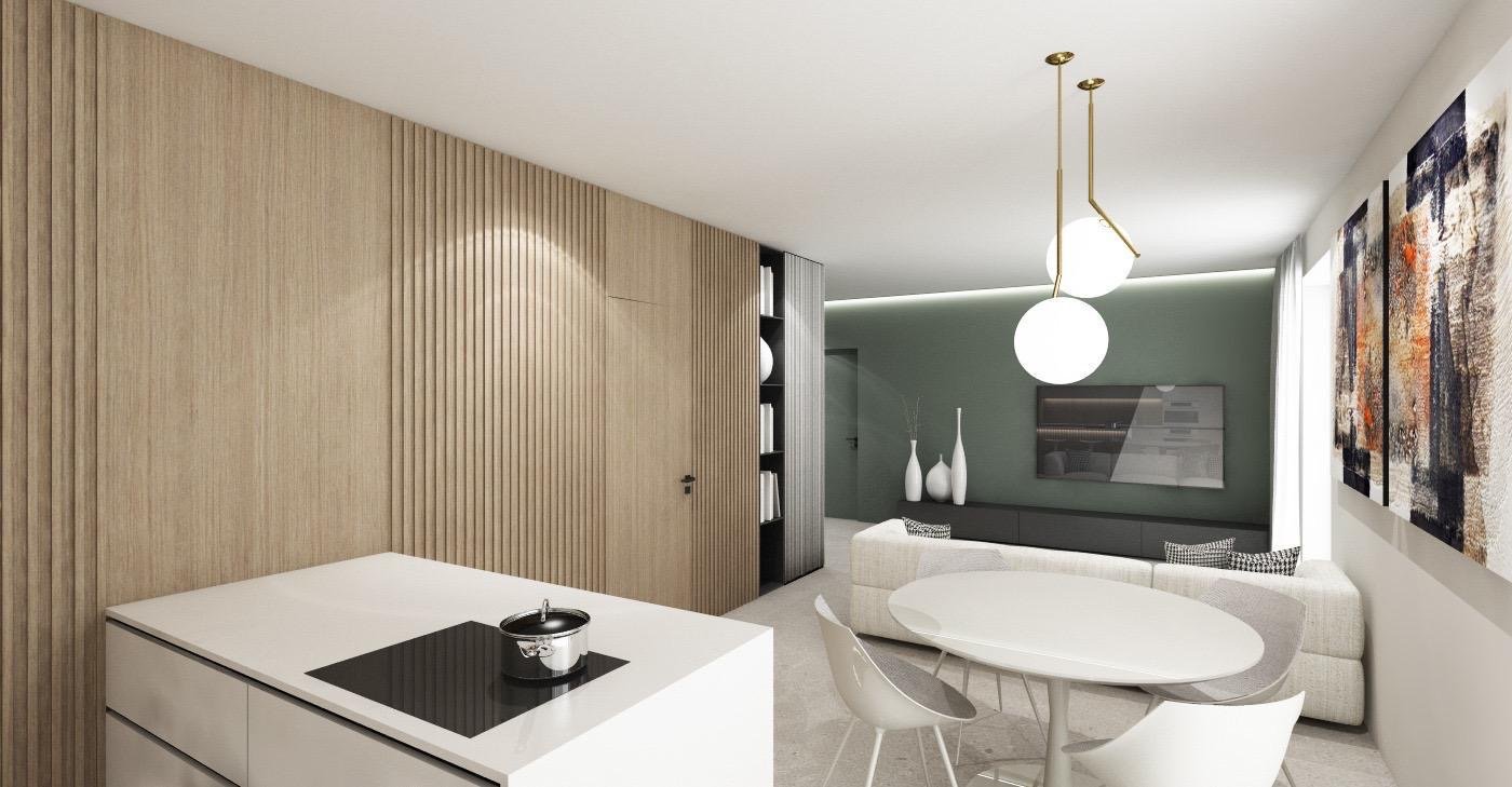 Render del soggiorno di un appartamento di Villa Chiara a San Chiaffredo di Busca, con ipotesi di arredamento