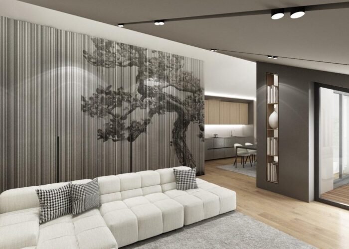 Render del soggiorno dell’attico Villa Chiara, con proposta di arredamento e accesso al terrazzo