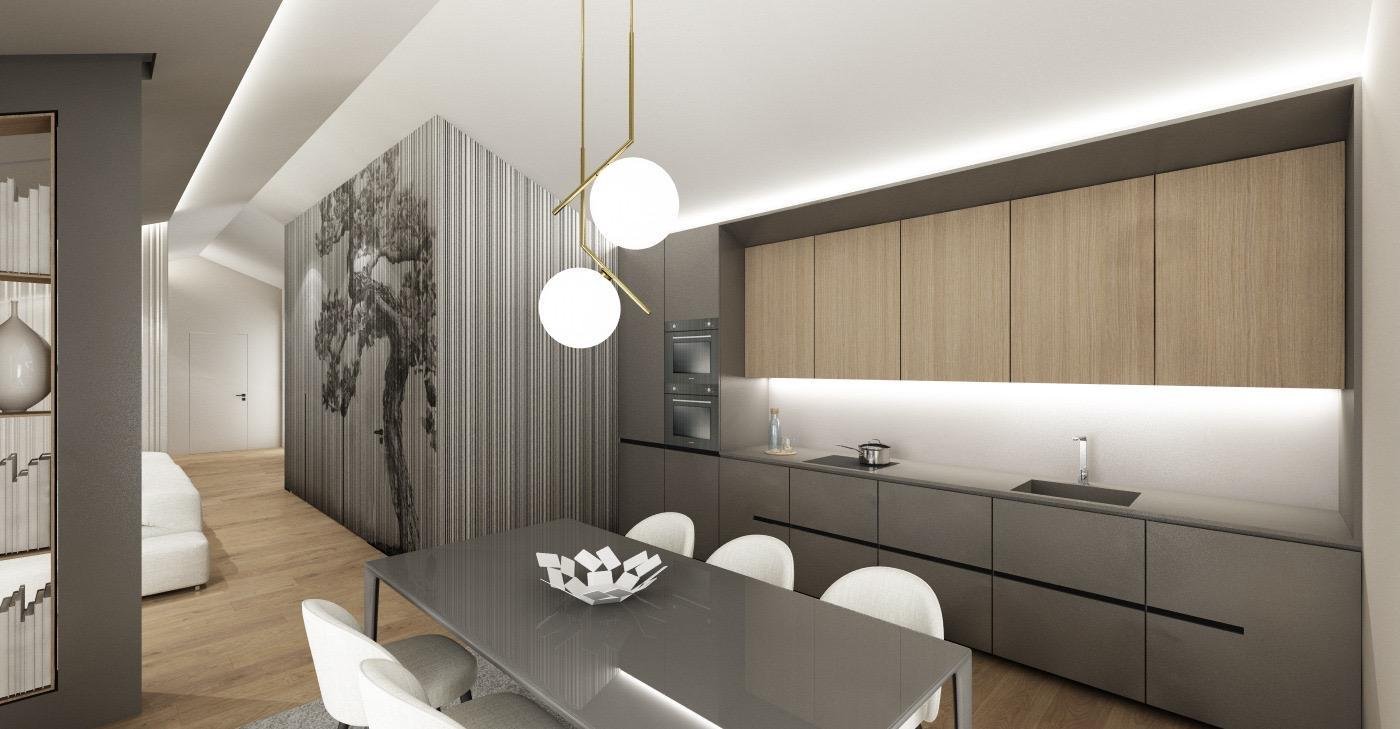 Render della cucina lineare e della zona pranzo dell’attico Villa Chiara, con arredi illustrativi