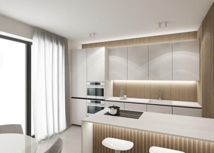 Render della cucina con penisola di Villa Chiara, esempio di disposizione degli arredi
