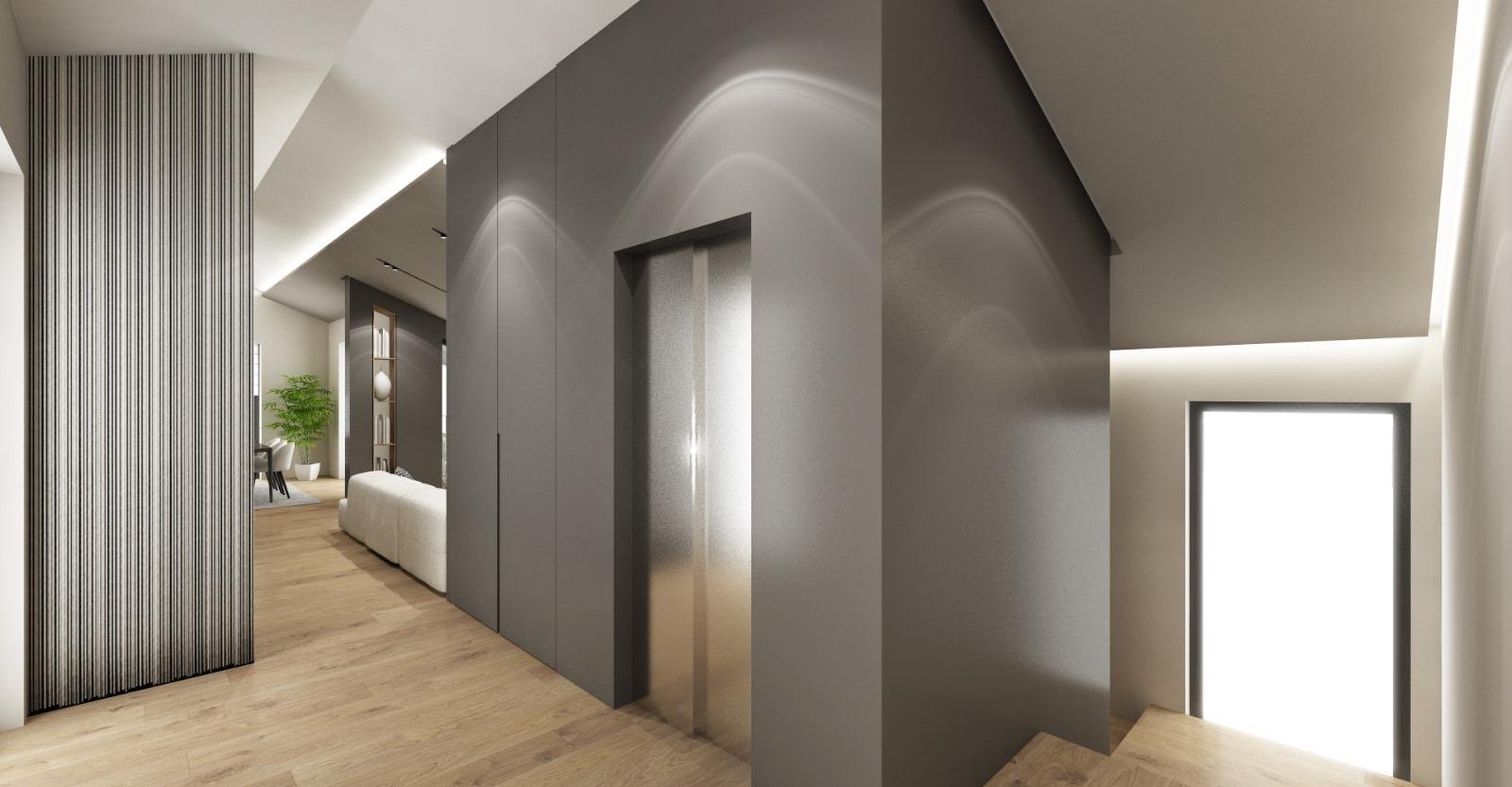 Render dell’ingresso dell’attico Villa Chiara con ascensore privato e scala