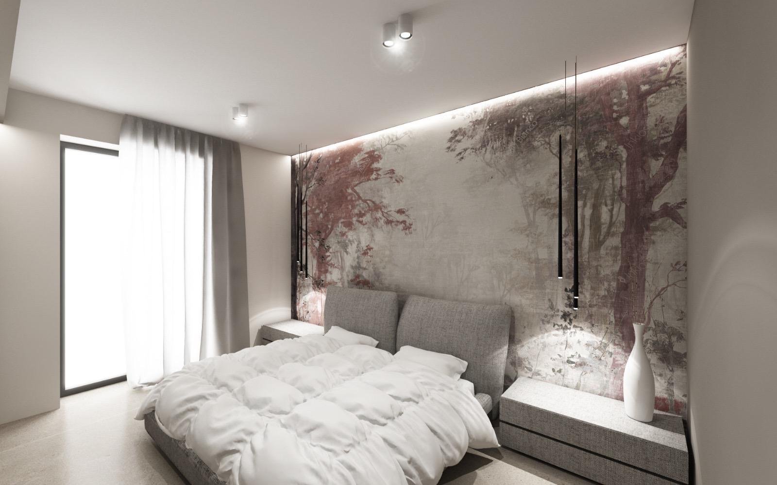 Render della camera da letto di Villa Chiara con esempio di arredamento
