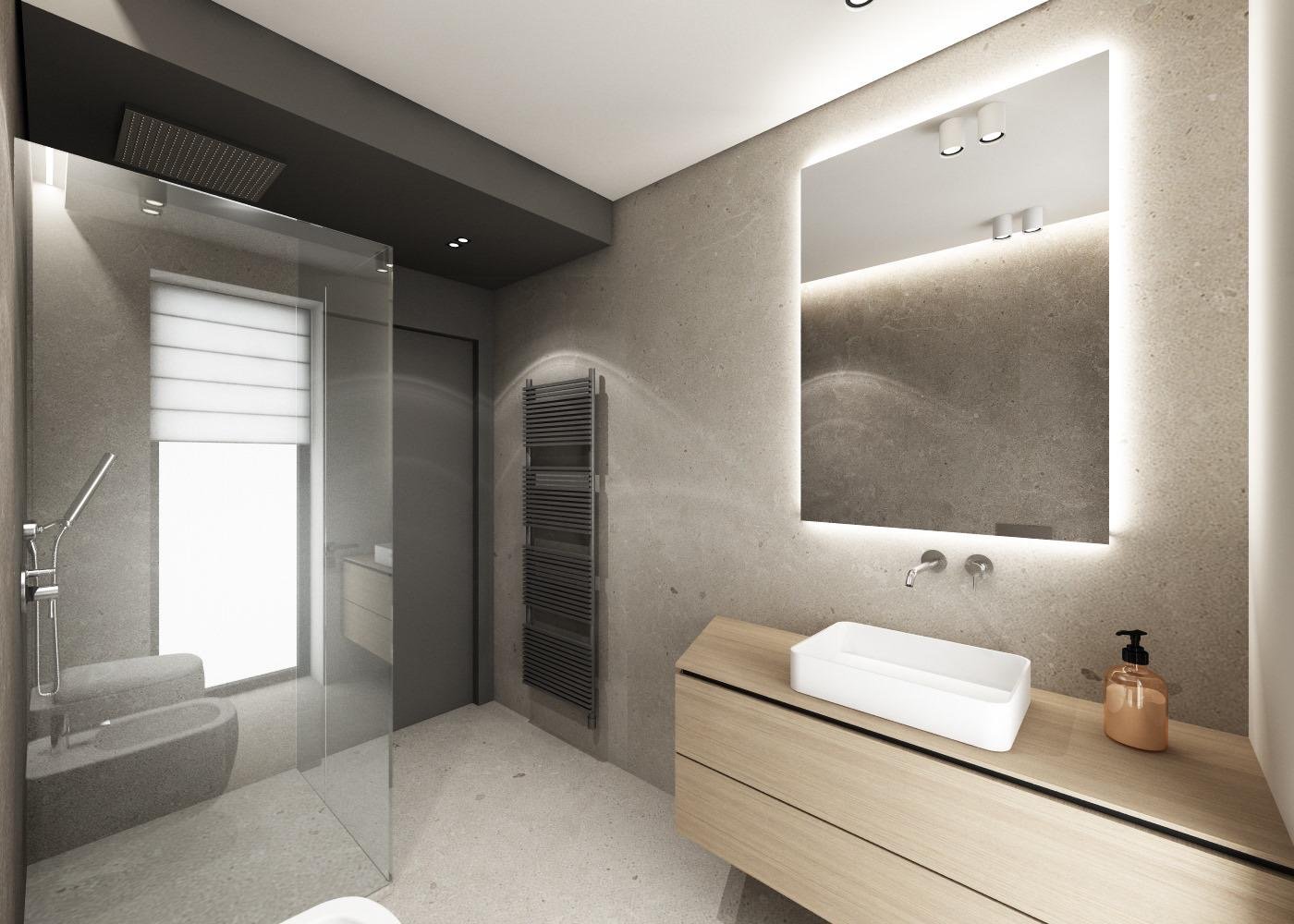 Render del bagno di un appartamento di Villa Chiara, con proposta illustrativa di allestimento